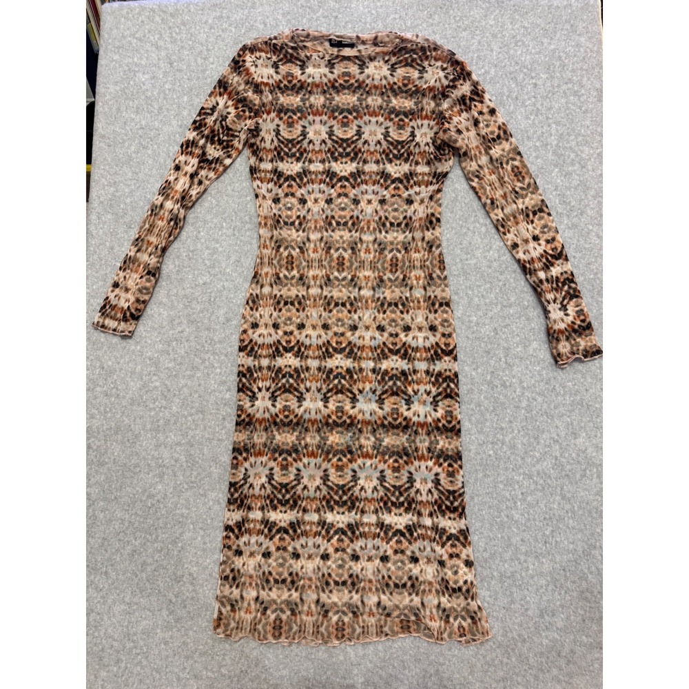 RT Women Brown Kaleidoscope Animal Print Mesh Long Sleeve Midi Dress Medium